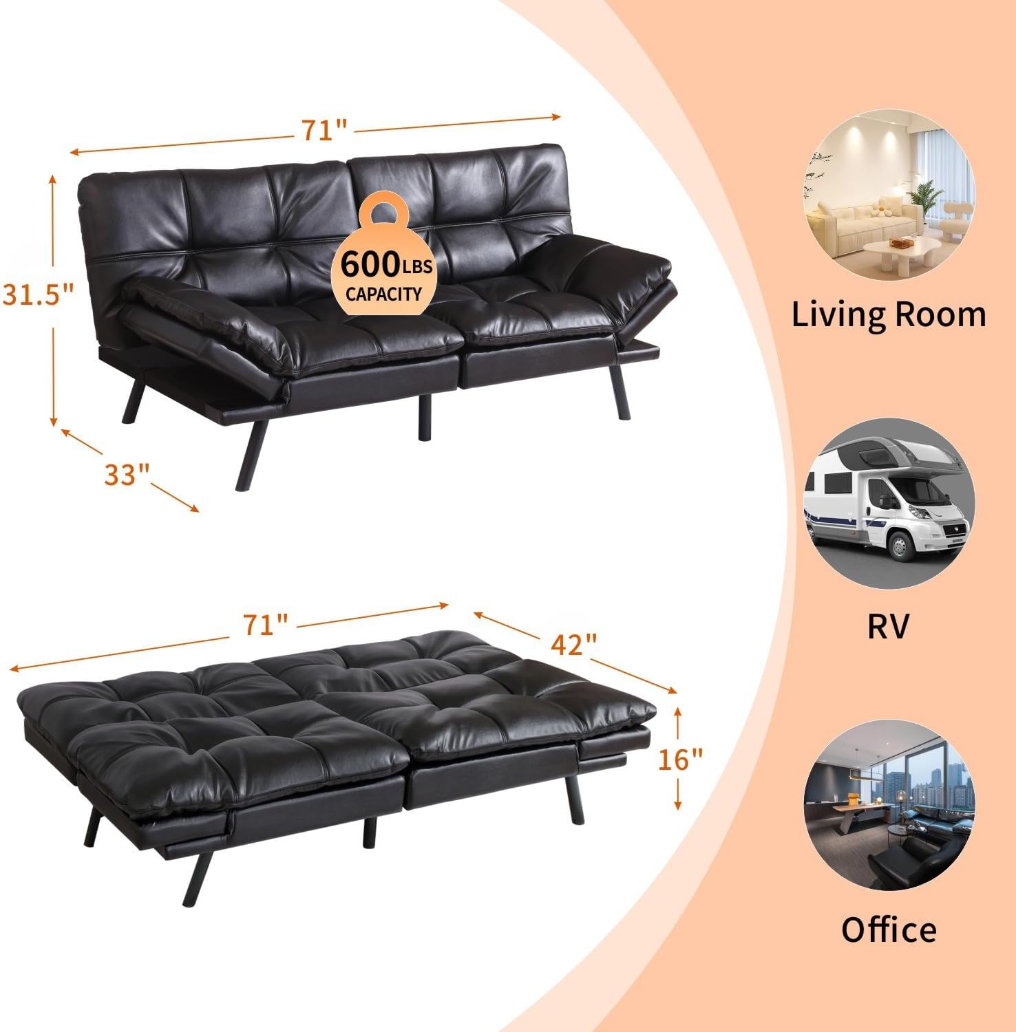 MUUEGM Futon Sofa Bed 71' Convertible Memory Foam Shiny Black Futon Couch Bed Modern Loveseat Sleeper with Adjustable Backrests Armrests for Living Room,Small Space,Office