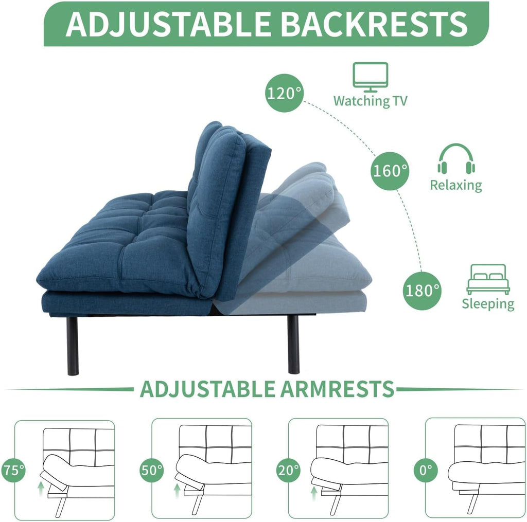 MUUEGM 71' Futon Sofa Bed, Convertible Couch Bed, Modern Loveseat with Adjustable Backrest&Armrest, Sofas for Living Room,Game Room,Dormitory,Office.Blue Fabric