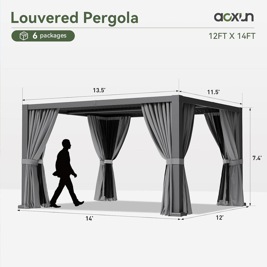 Aoxun Louvered Pergola 12' x 14' Outdoor Aluminum Pergola with Adjustable Top for Decks, Gardens and Backyards, Gray