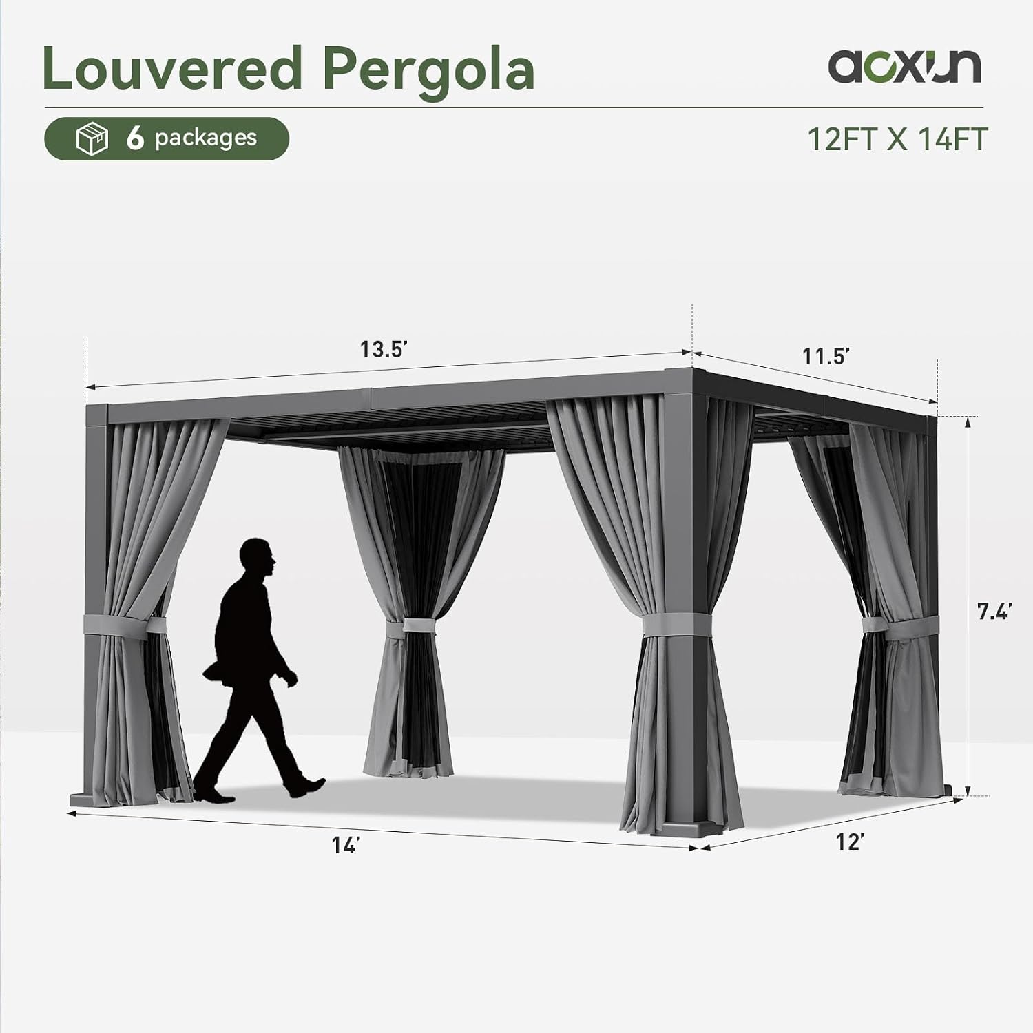 Aoxun Louvered Pergola 12' x 14' Outdoor Aluminum Pergola with Adjustable Top for Decks, Gardens and Backyards, Gray