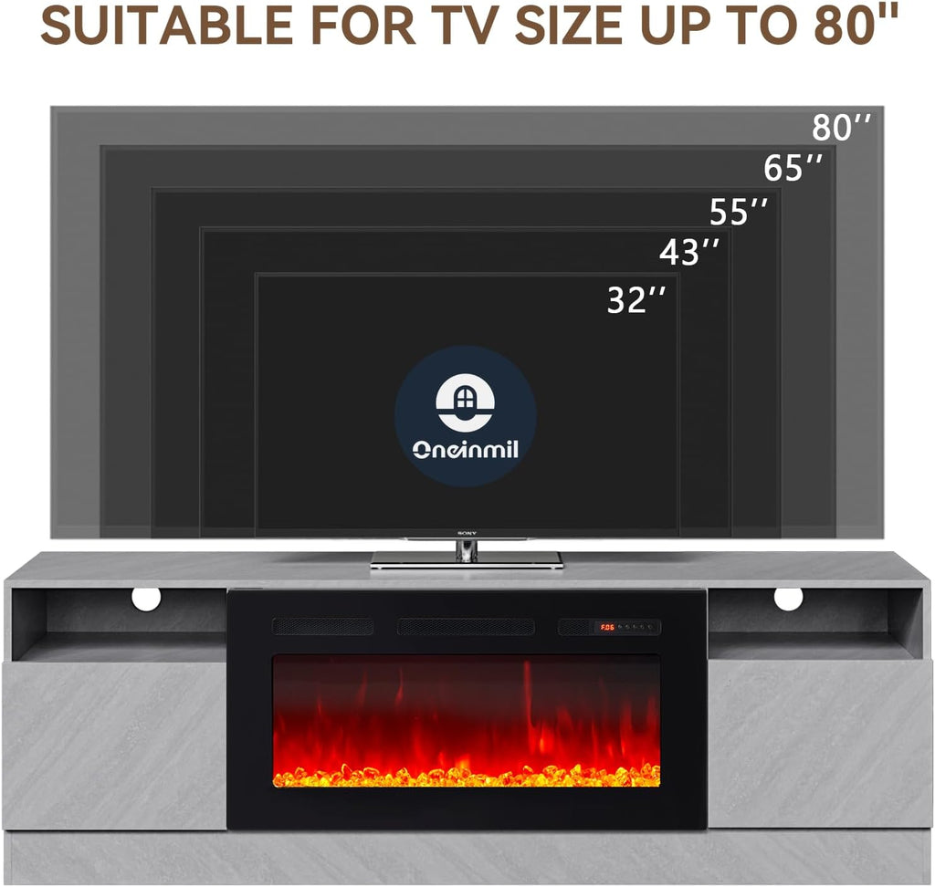 oneinmil Fireplace TV Stand with 36' Electric Fireplace, LED Light Entertainment Center, Modern Wood Texture Entertainment Stand with Highlight Storage Cabinet for TVs Up to 80', 70 inches, Grey