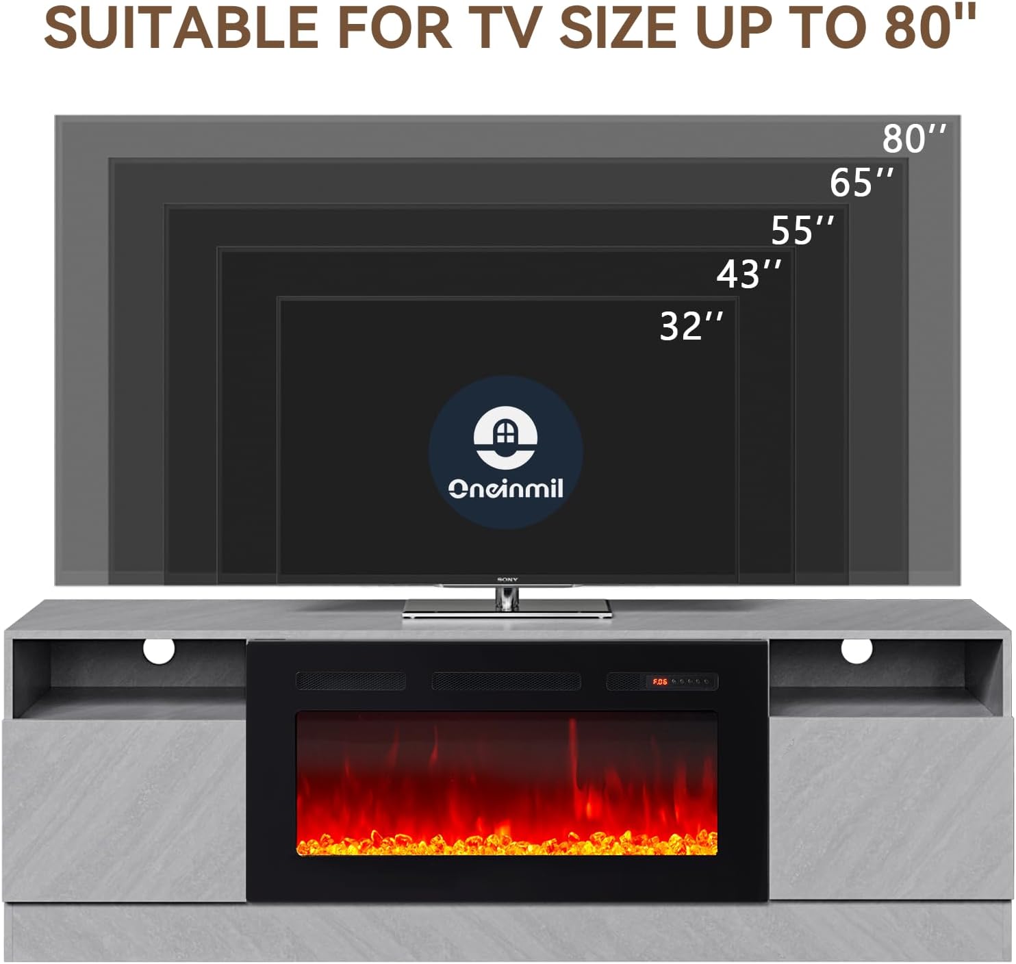 oneinmil Fireplace TV Stand with 36' Electric Fireplace, LED Light Entertainment Center, Modern Wood Texture Entertainment Stand with Highlight Storage Cabinet for TVs Up to 80', 70 inches, Grey