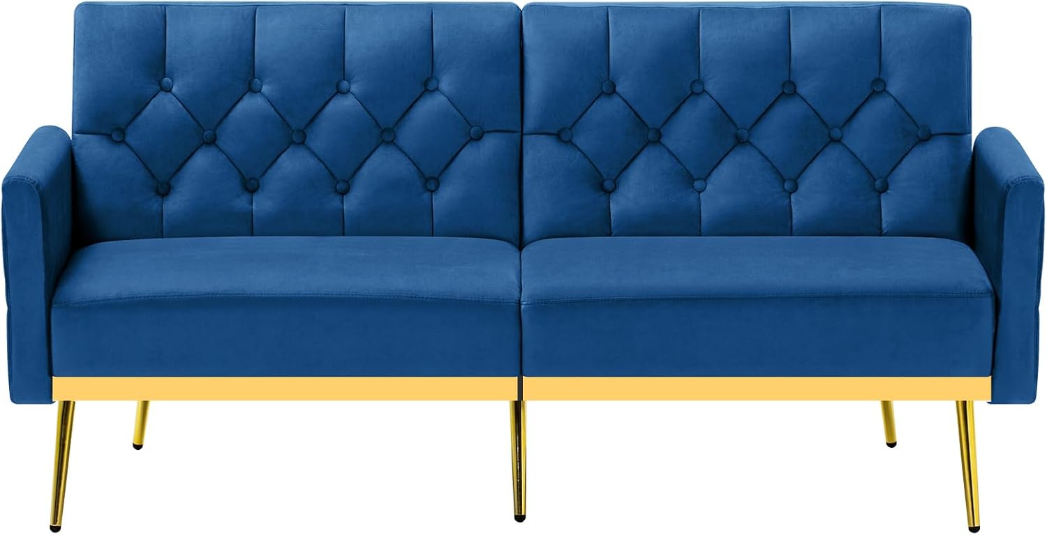 Velvet Futon Sofa Bed w/Adjustable Armrests & Backrests, Button Tufted Sleeper Couch, Modern Convertible Loveseat Sofa for Bedroom, Living Room, Apartment, Blue
