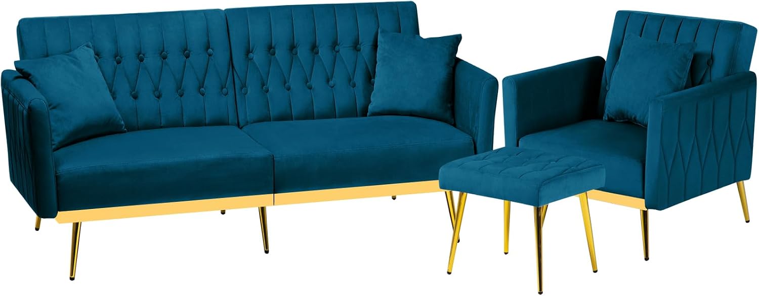 2 Pieces Velvet Sofa Set with Adjustable Armrest and Backrest, 70' Convertible Futon Sofa Bed & Mordern Accent Chair with Ottoman for Living Room, Bedroom, Teal