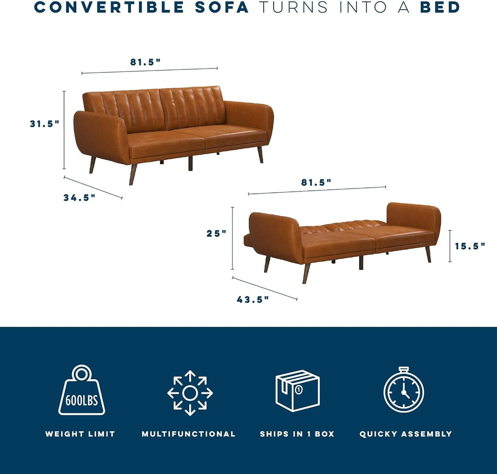 Novogratz Brittany Futon Sofa Bed and Couch Sleeper, Camel Faux Leather