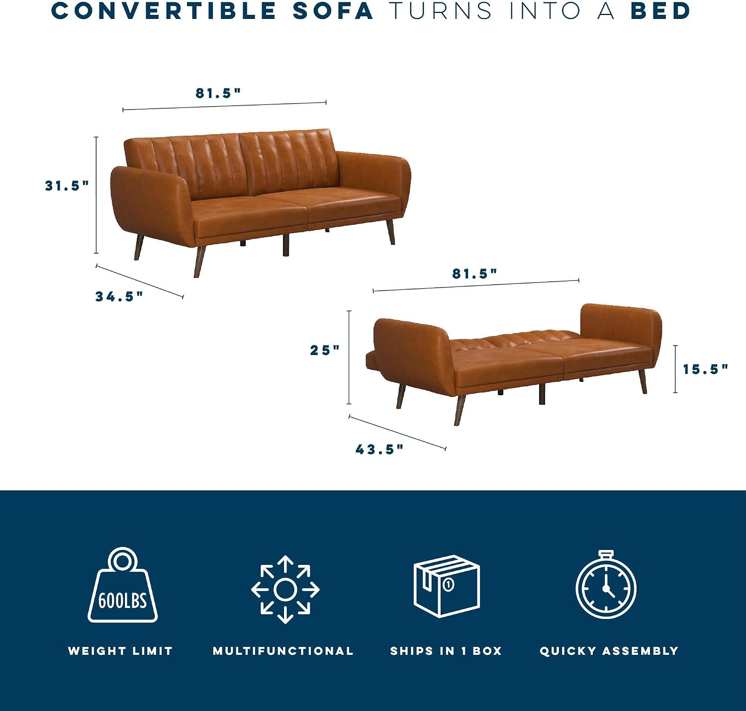 Novogratz Brittany Futon Sofa Bed and Couch Sleeper, Camel Faux Leather