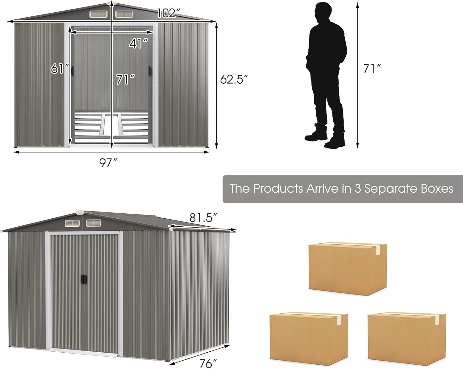 IRONMAX Outdoor Storage Shed with Floor, 8x6 FT Galvanized Steel Large Garden Shed w/Lockable Sliding Doors & Air Vent, Heavy Duty Tool Storage House for Backyard Patio Lawn