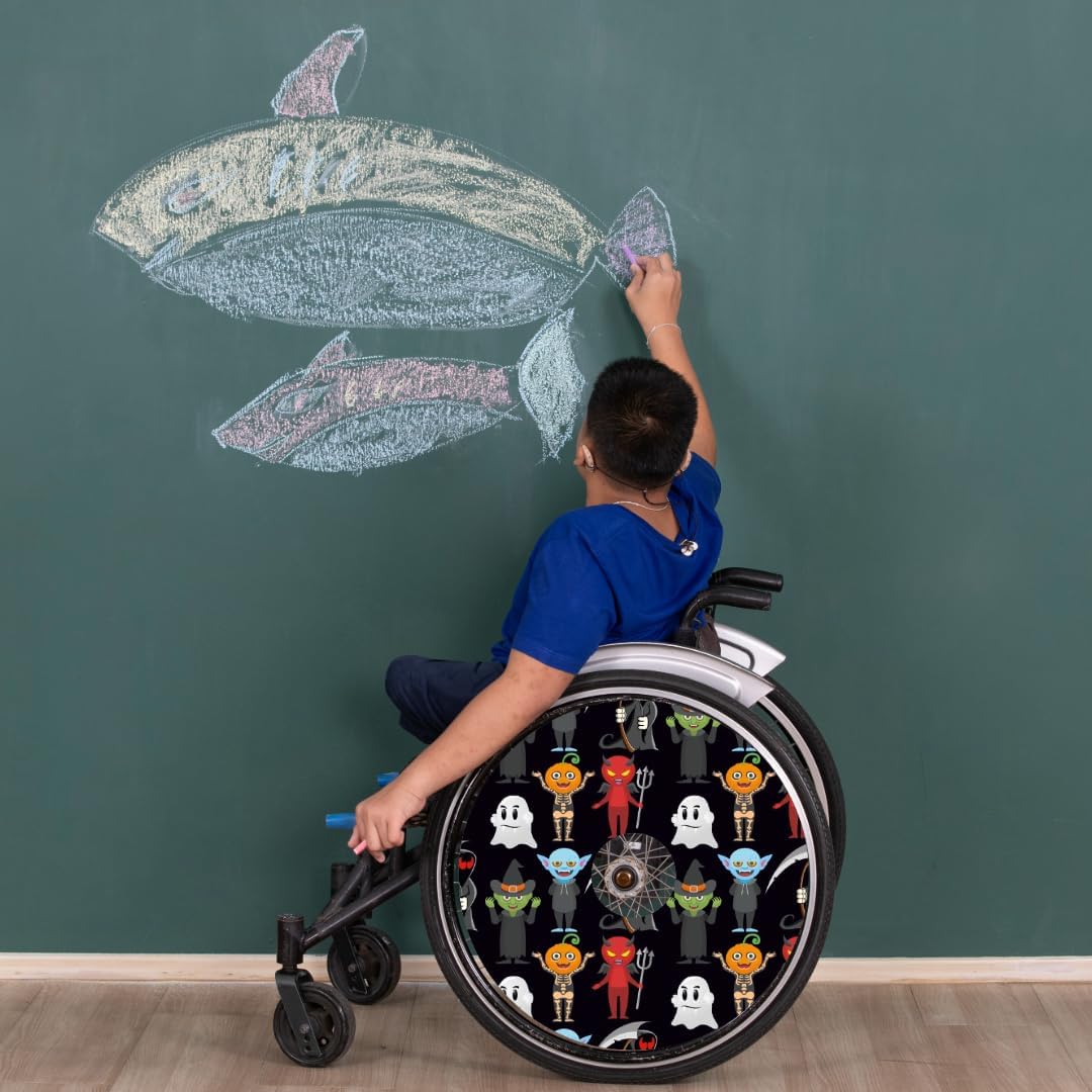 Designer Halloween Spooky Ghost Cover for Wheelchair Wheels, Enhances Aesthetics, Easy Install/Remove, Lightweight, for Boys and Adults (Happy Halloween)