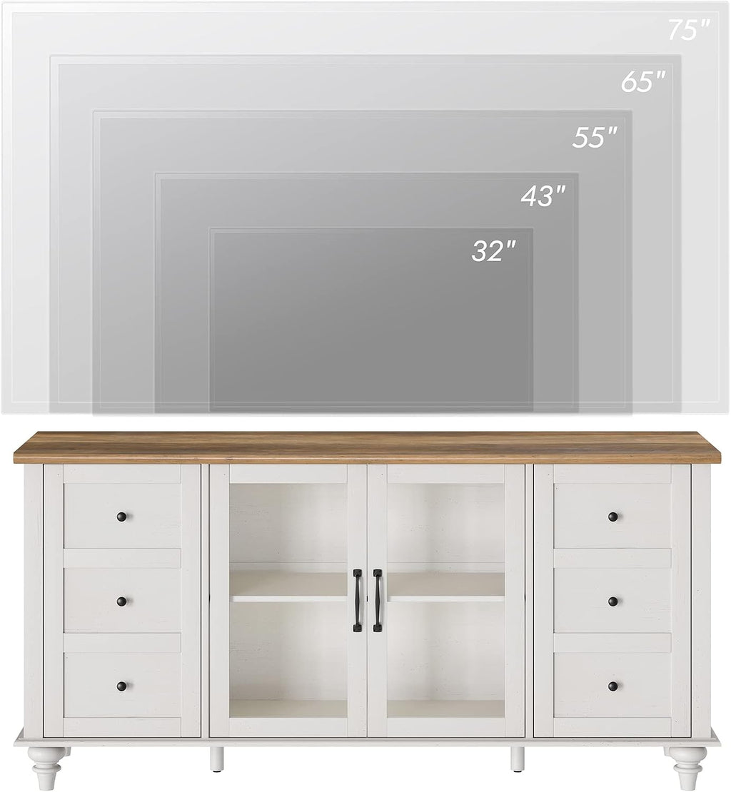 WAMPAT Farmhouse TV Stand for TVs Up to 65 inch, Glass Door TV Cabinet with Adjustable Shelf, Wooden Entertainment Center for 32-60 inch TV Console Table, Off White