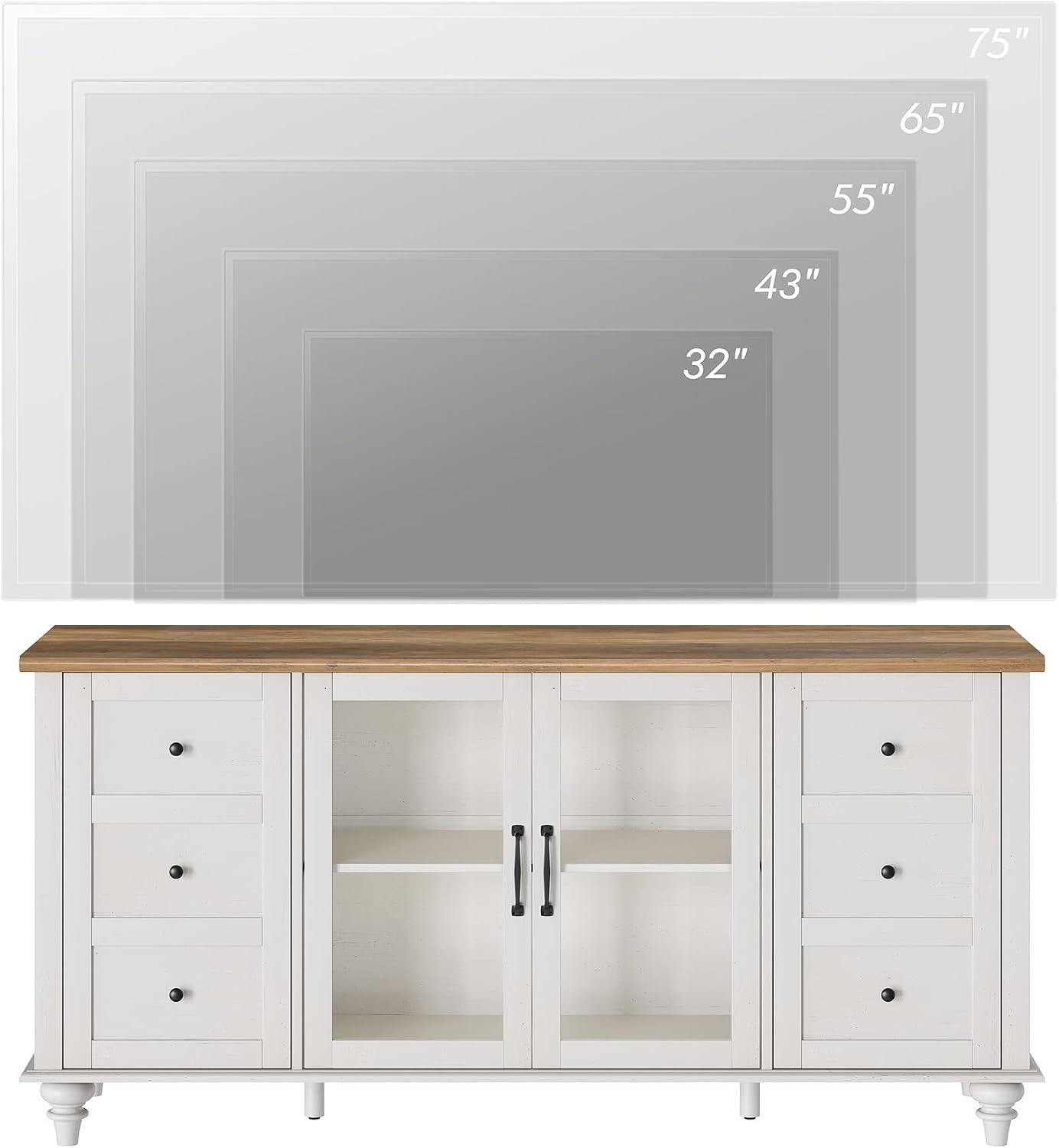 WAMPAT Farmhouse TV Stand for TVs Up to 65 inch, Glass Door TV Cabinet with Adjustable Shelf, Wooden Entertainment Center for 32-60 inch TV Console Table, Off White