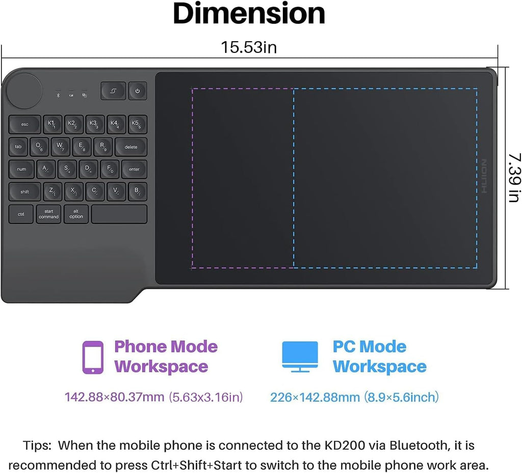 HUION Inspiroy Keydial KD200 Wireless Drawing Tablet, Bluetooth Graphic Tablet with Keyboard Dial 5 Customized Express Keys Battery-Free Pen, 8.9x5.6inch Art Tablet Work with Windows, Mac, Android