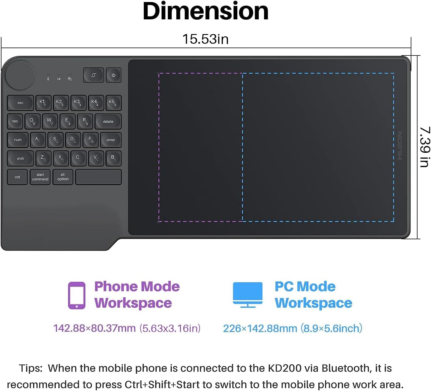 HUION Inspiroy Keydial KD200 Wireless Drawing Tablet, Bluetooth Graphic Tablet with Keyboard Dial 5 Customized Express Keys Battery-Free Pen, 8.9x5.6inch Art Tablet Work with Windows, Mac, Android