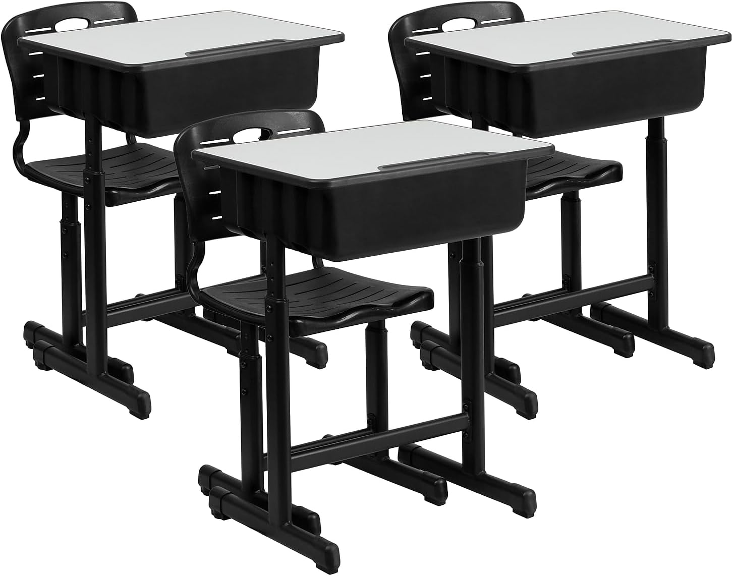 Flash Furniture Nila Set of 3 Adjustable Height Student Desks and Chairs with Black Pedestal Frames