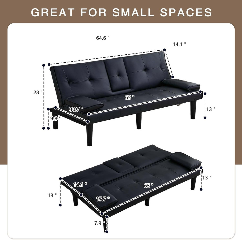 67' Futon Sofa Bed,Convertible Sofa Bed with 2 Cup Holders,Sleeper Couch PVC Leather Removable Soft Armrest Small Couch for Living Room Apartments ﻿ (Black)