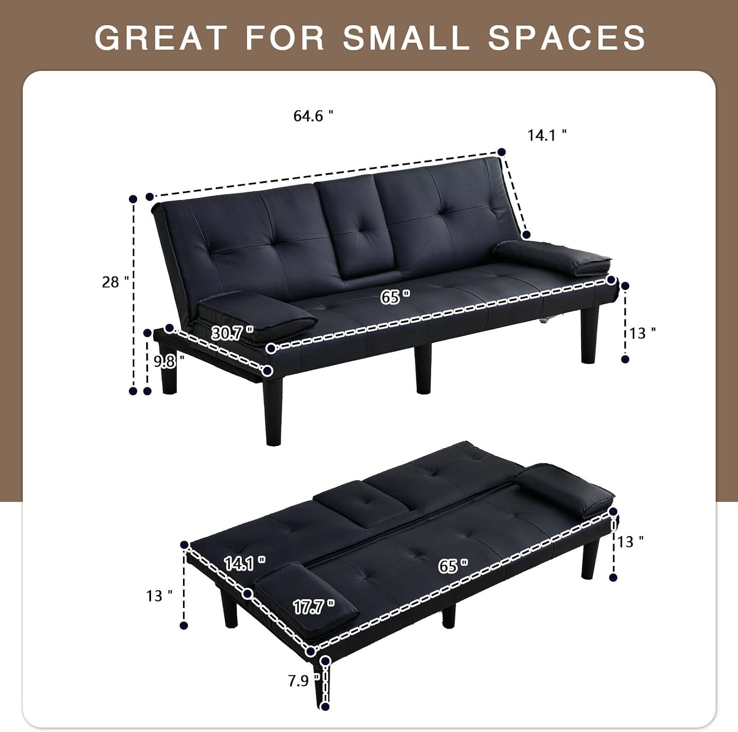 67' Futon Sofa Bed,Convertible Sofa Bed with 2 Cup Holders,Sleeper Couch PVC Leather Removable Soft Armrest Small Couch for Living Room Apartments ﻿ (Black)