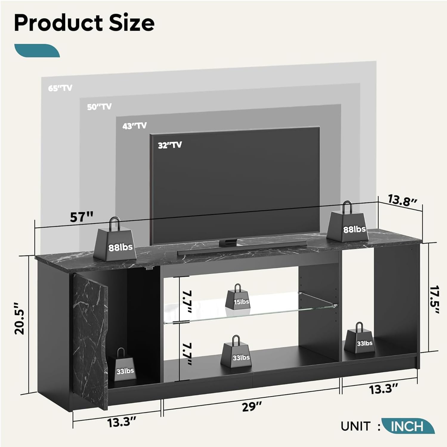Bestier LED TV Stand for 55/60/65 Inch TV, Gaming Entertainment Center with Cabinet for PS5, Xbox,Modern TV Cabinet with Adjustable Glass Shelves for Living Room, Bedroom 57 Inch,Black Marble
