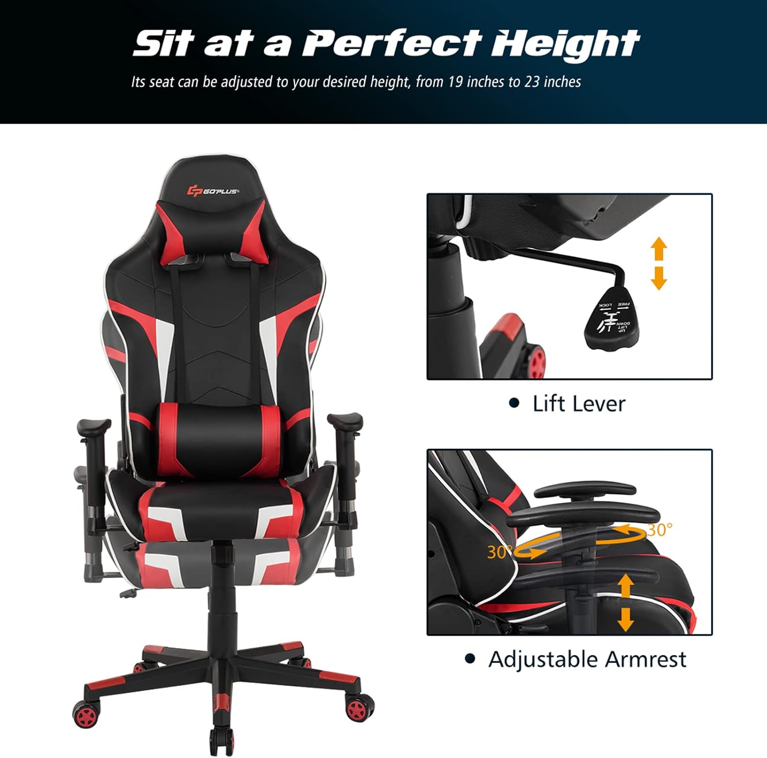 GORELAX Massage Gaming Chair, Reclining Game Room Computer Chairs for Adults w/Lumbar Support, Adjustable Arms, Wheels, Racing Style Home Office Chair for Heavy People (Red)