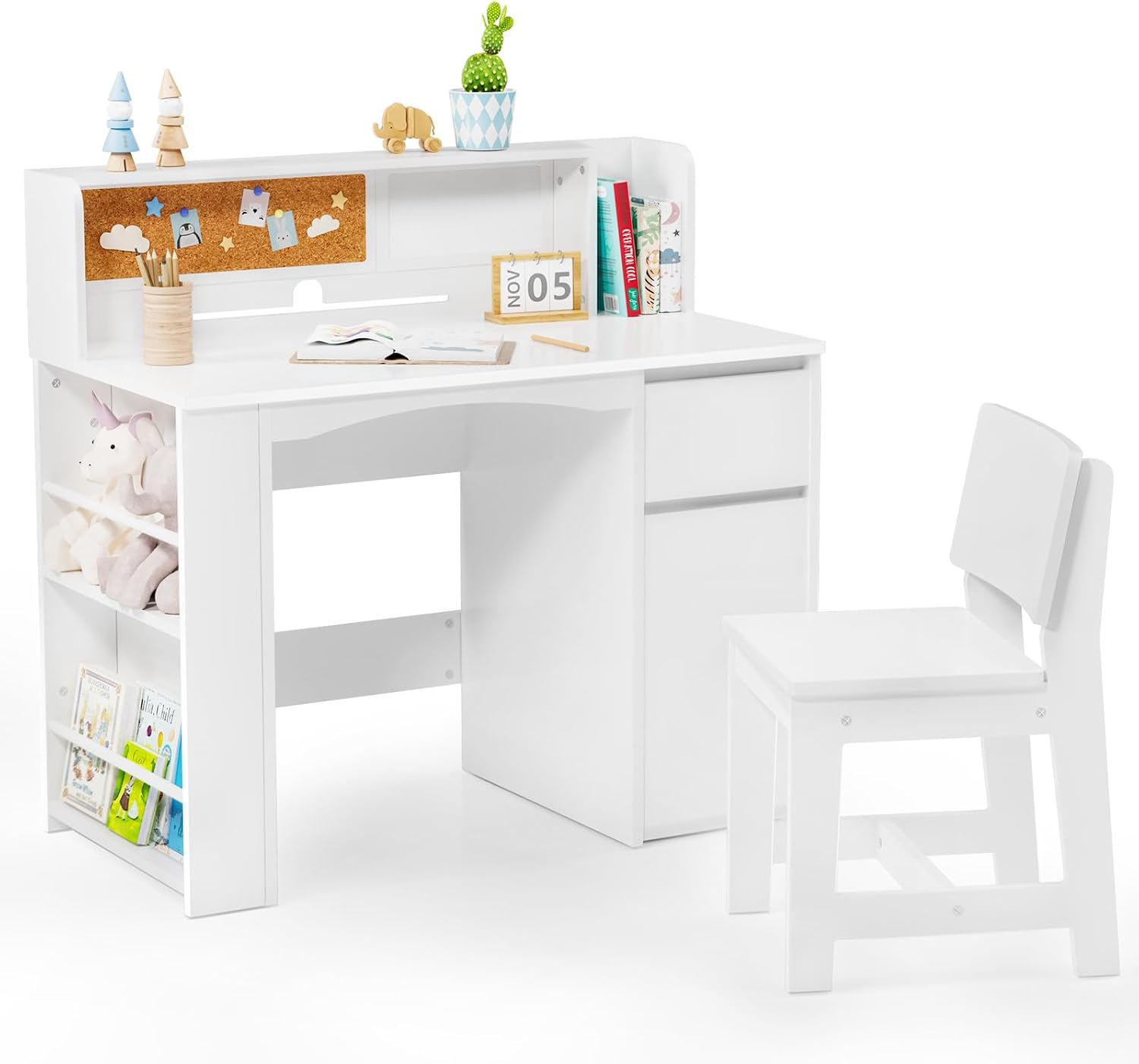 JOYMOR Kids Desk and Chair Set with Bookshelf, Kids Study Desk with Chair with Storage Cabinet, Student Writing Table for Study & Crafts, Student Computer Workstation for 5-12 Years Old, White