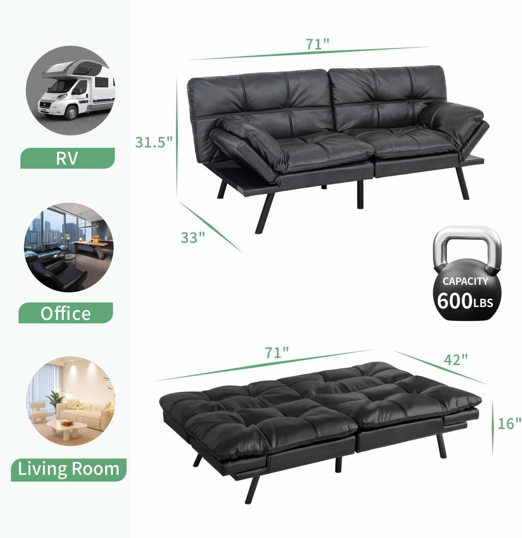 MUUEGM 71' Futon Sofa Bed, Convertible Couch Filled with Memory Foam, Modern Loveseat with Adjustable Backrest&Armrest, Sofas for Living Room,Game Room,Dormitory,Office.Matte Black Leather