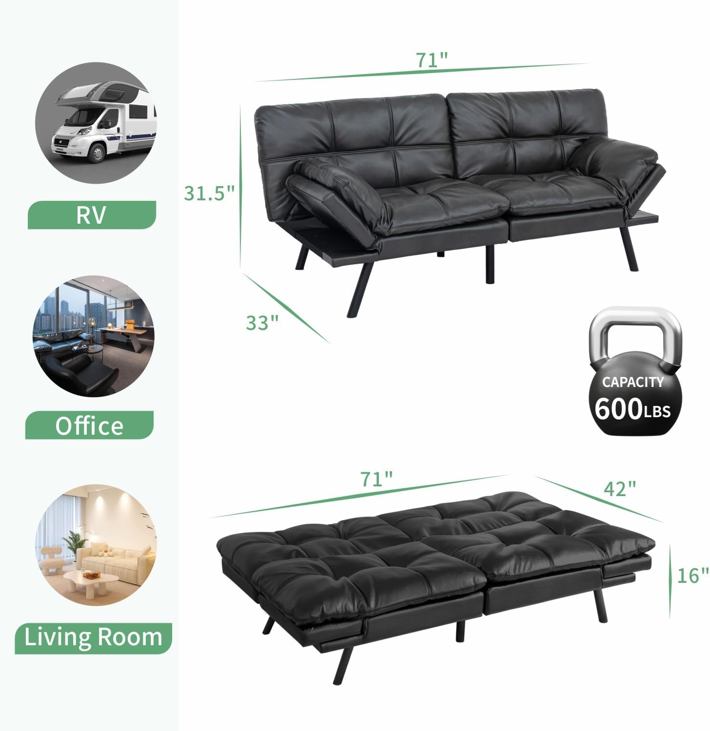 MUUEGM 71' Futon Sofa Bed, Convertible Couch Filled with Memory Foam, Modern Loveseat with Adjustable Backrest&Armrest, Sofas for Living Room,Game Room,Dormitory,Office.Matte Black Leather