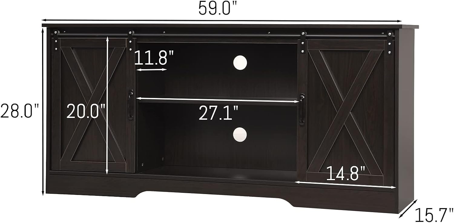 4 EVER WINNER 59' Farmhouse TV Stand, TV Entertainment Center with Sliding Barn Door & Adjustable Shelf for 65' TV, TV Stand for Living Room, Bedroom, Dark Brown