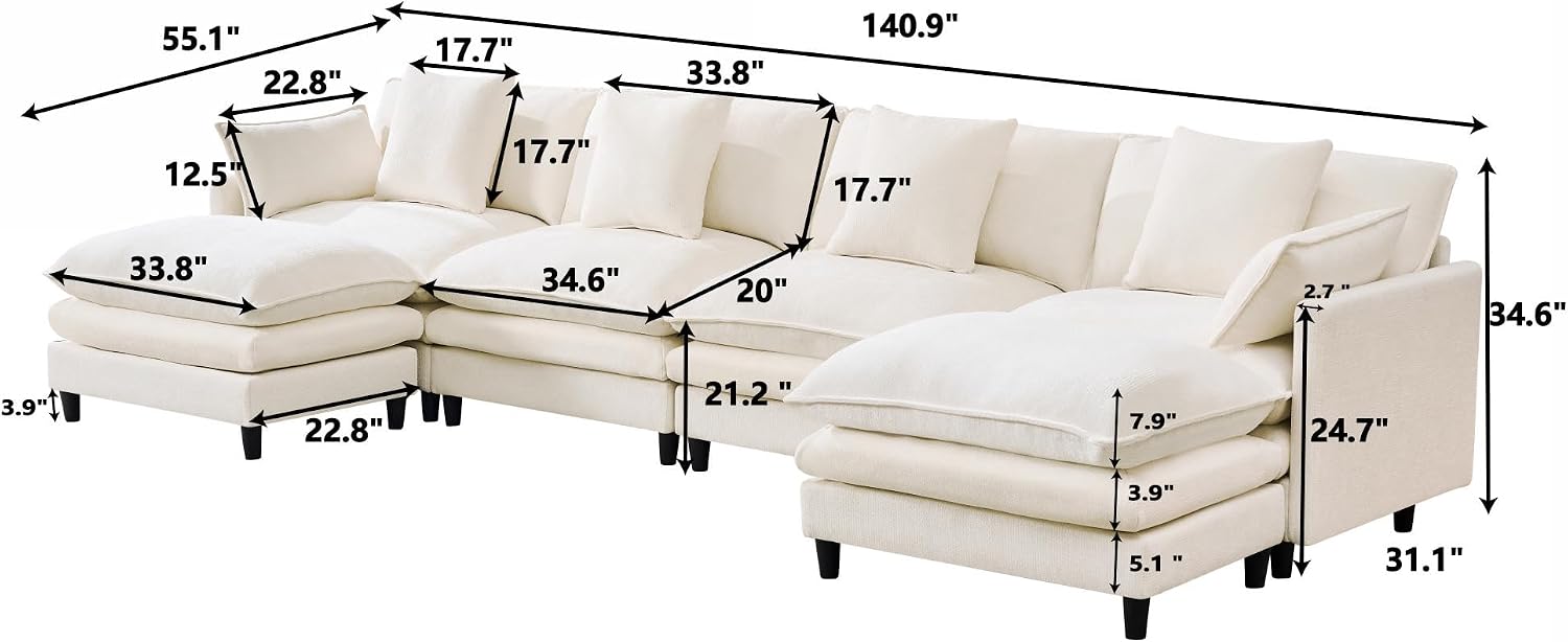 Eafurn 141' Oversized Modular Sectional Sofa Convertible U Shaped Couch for Living Room - 6 Seater Chenille Couches Set with Ottomans and Waist Pillows for Living Room Apartment