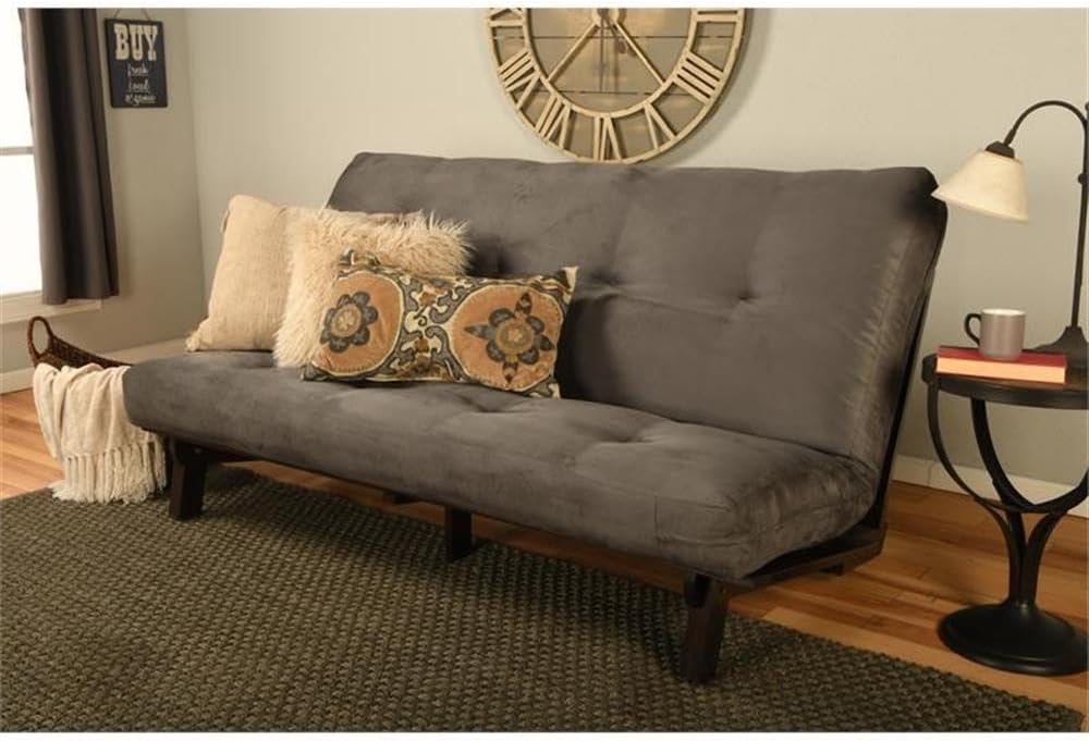 Kodiak Furniture Carson Full Size Futon Frame and Mattress Set - Java Brown Finish Wood Futon Frame with Mattress Included in Suede Gray Color