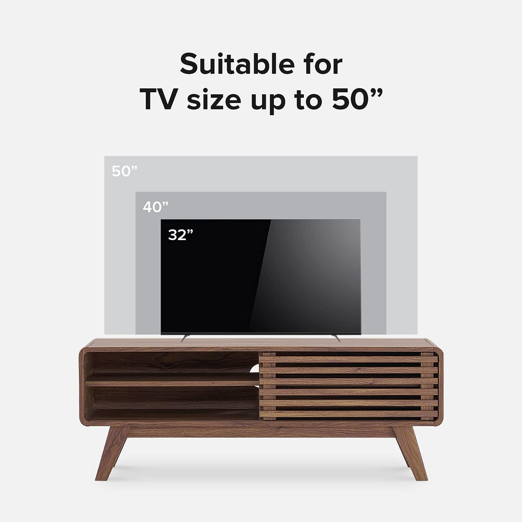 mopio Ensley 46' TV Stand with Slatted Door, Mid Century Modern Entertainment Center for 55/60/65 inch TV, Farmhouse Media Console with Storage, Adjustable Shelves, Round Edges, Living Room (Walnut)