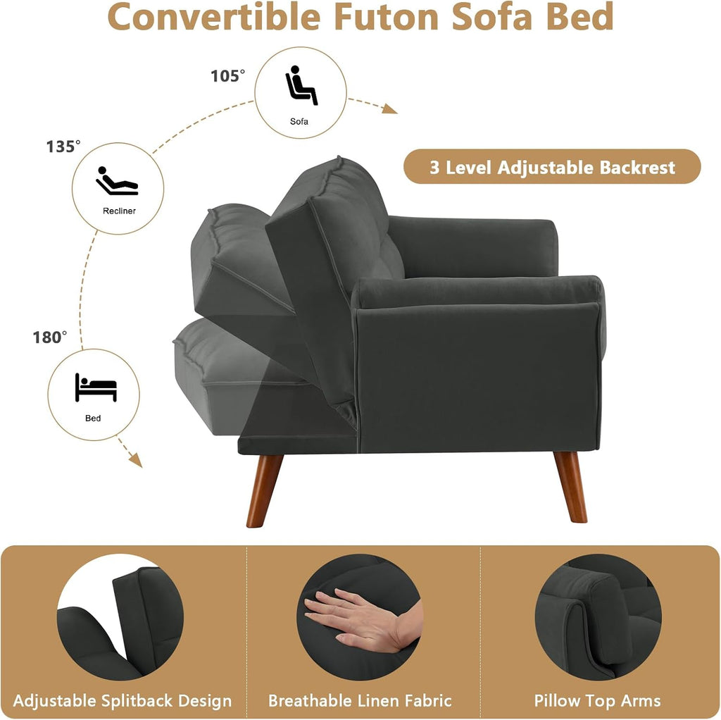75' Convertible Futon Sofa Bed, Sleeper Couch Bed with Adjustable Backrest, Small Couches for Small Spaces, Living Room, Bedroom and Office (Dark Gray)