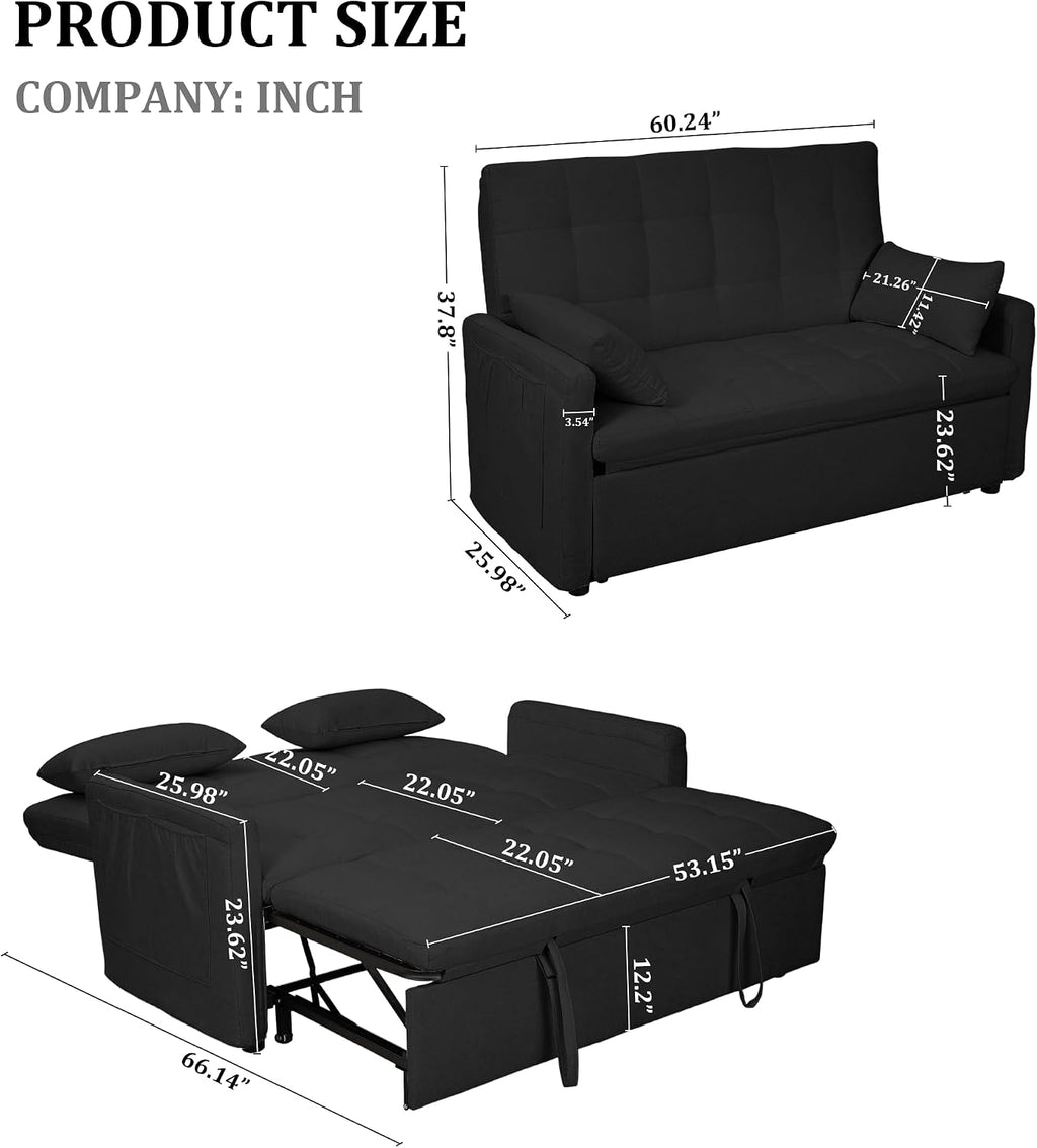 Oversized 3-in-1 Convertible Sleeper Sofa Bed, Futon Couch with Pullout Bed, 2-Seater Loveseat Sofa w/Pockets, Adjustable Backrest and Pillows for Living Room Apartment (Black-Button Tufted)