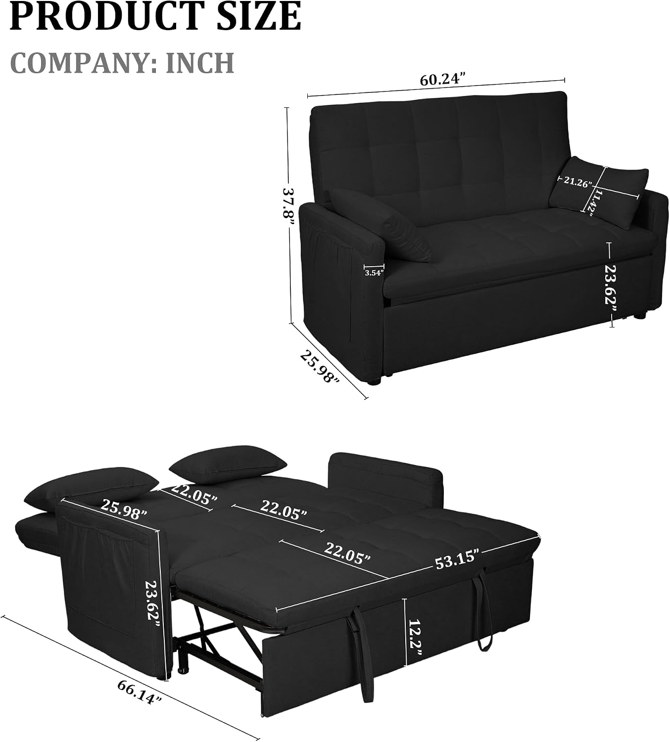 Oversized 3-in-1 Convertible Sleeper Sofa Bed, Futon Couch with Pullout Bed, 2-Seater Loveseat Sofa w/Pockets, Adjustable Backrest and Pillows for Living Room Apartment (Black-Button Tufted)