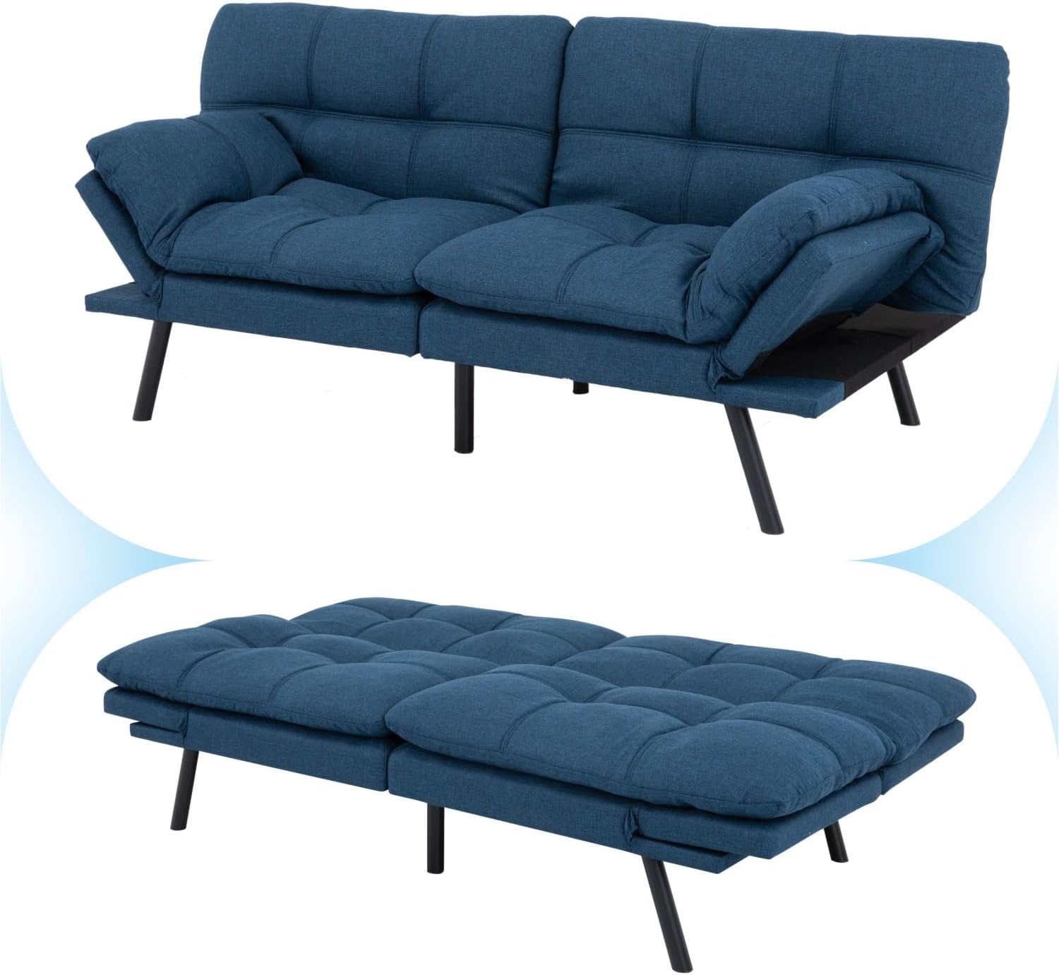 MUUEGM 71' Convertible Futon Sofa Bed, Upholstered Small Futon Couches with Adjustable Backrest, Loveseat Sleeper Bed for Compact Living Room Studio Office (Blue)
