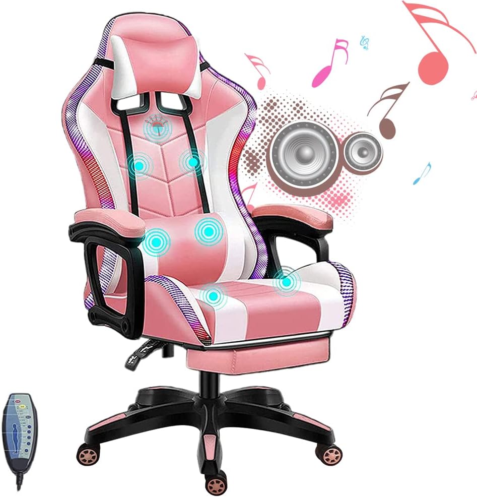 Ergonomic Gaming Chairs for Adults with Speakers and LED Lights Computer Chair with Footrest and Lumbar Support, High Back Video Game Chair for Home, Office,Pink
