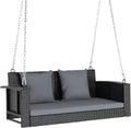 VINGLI Heavy Duty 800 LBS Wicker Hanging Porch Swing with Cushions & Chains, 4FT Outdoor Rattan Swing Bench for Garden, Yard, Lawn (Black+Gray)