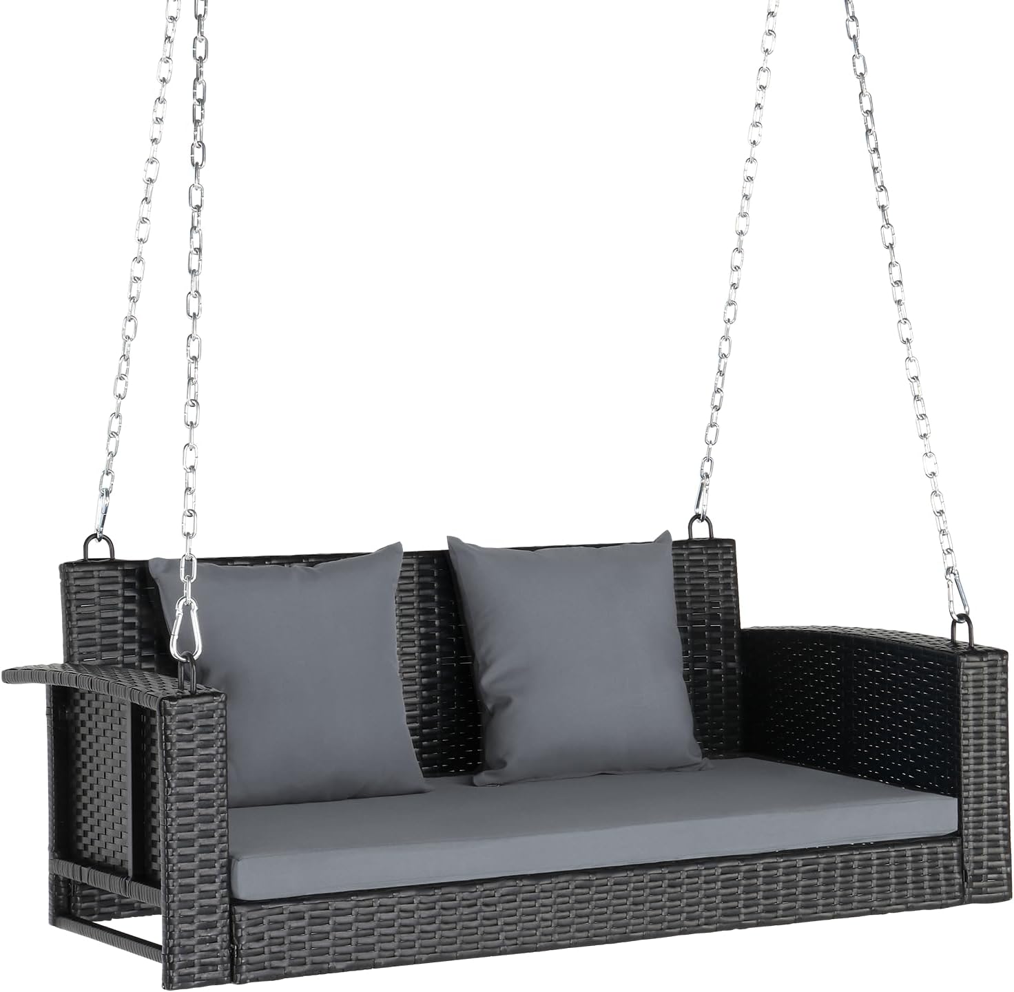 VINGLI Heavy Duty 800 LBS Wicker Hanging Porch Swing with Cushions & Chains, 4FT Outdoor Rattan Swing Bench for Garden, Yard, Lawn (Black+Gray)