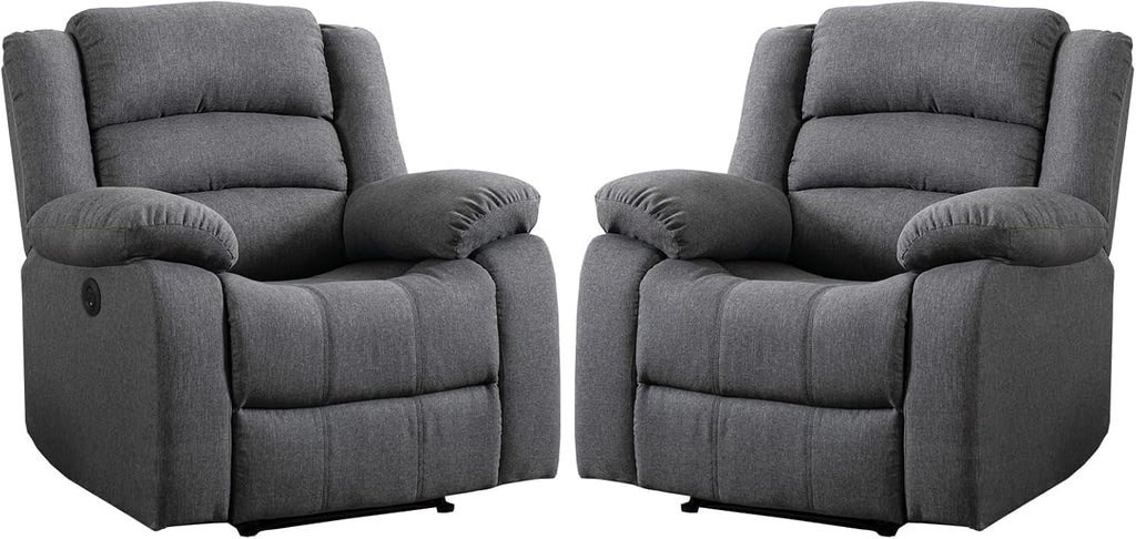 EBELLO Classic Power Recliner Chair, Oversized Electric Reclining Chair with Overstuffed Cushion and Back, Soft Fabric Adults Single Recliner Sofa for Living Room, Set of 2 Grey