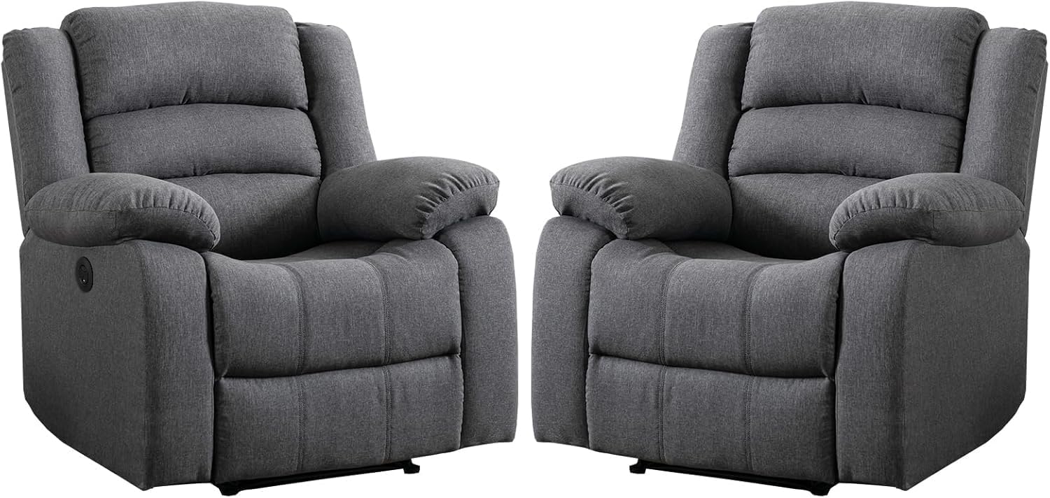 EBELLO Classic Power Recliner Chair, Oversized Electric Reclining Chair with Overstuffed Cushion and Back, Soft Fabric Adults Single Recliner Sofa for Living Room, Set of 2 Grey