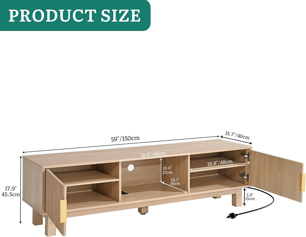 YITAHOME 59' Fluted TV Stand for TVs up to 65', Mid-Century Modern Media Console with Built-in Power Outlets, Adjustable Shelves & Cable Holes, Wooden Entertainment Center for Living Room, Natural Oak