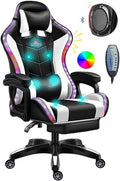 Gaming Chair with Bluetooth Speakers and RGB LED Lights, Video Game Chair, PU Leather High Back Computer Chair, Adjustable Reclining Racing Office Swivel Chair for Adult Teens,White