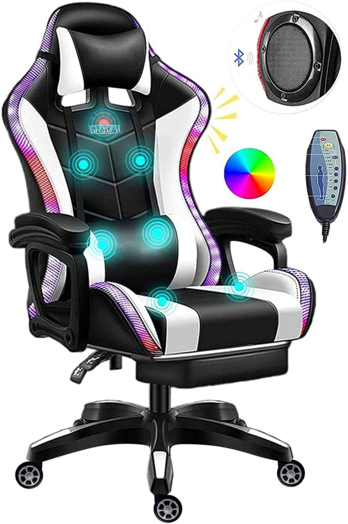 Gaming Chair with Bluetooth Speakers and RGB LED Lights, Video Game Chair, PU Leather High Back Computer Chair, Adjustable Reclining Racing Office Swivel Chair for Adult Teens,White
