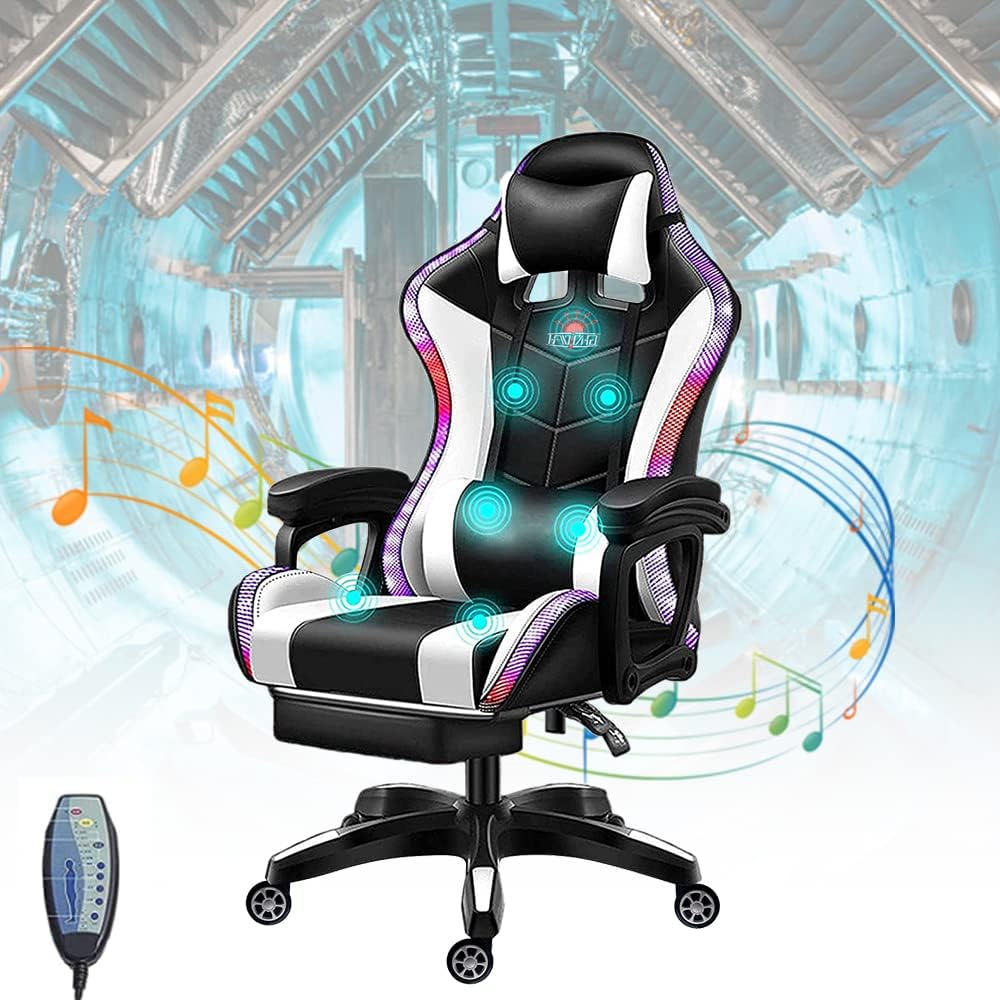Gaming Chairs for Adults with Massage and Speakers, High Back Ergonomic Racing Chair with Footrest and Lumbar Support, LED Light Video Game Chair with Headrest and Lumbar Pillow,White