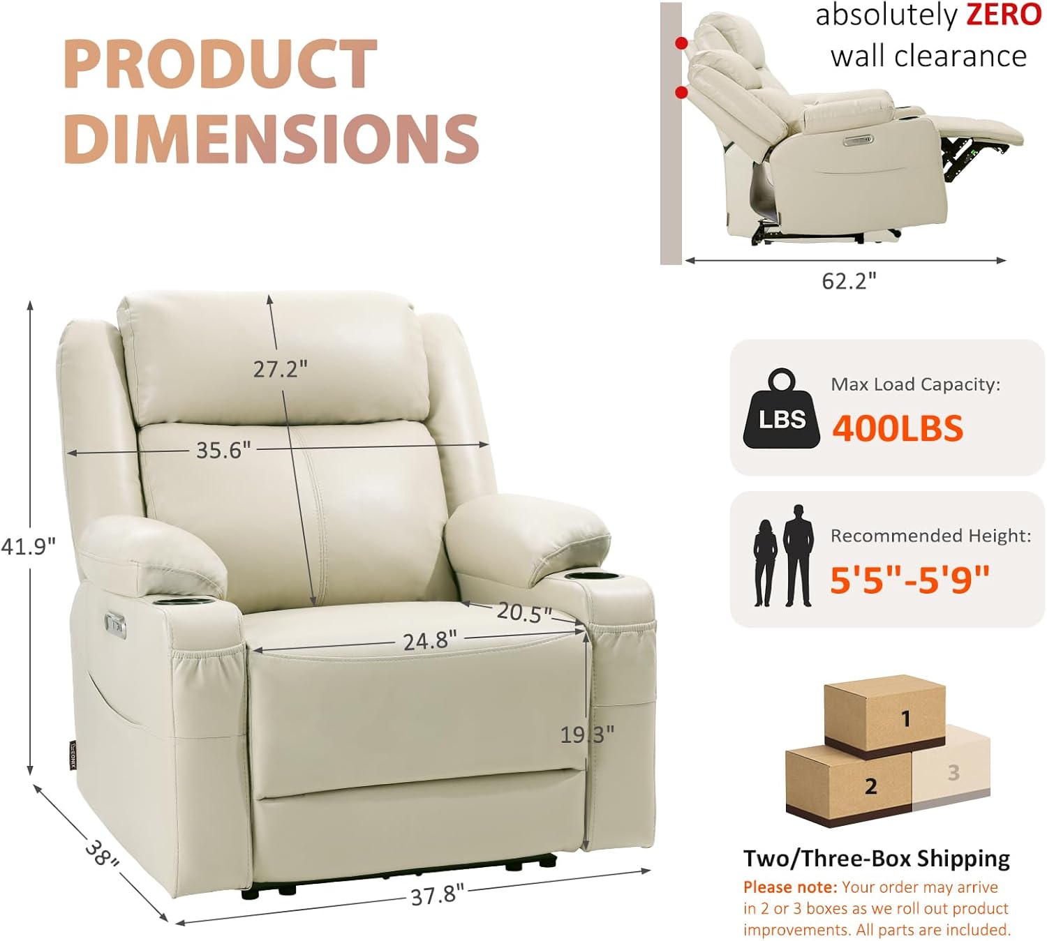 EONIX Wide Power Wall Hugger Recliner Chair for Small Space, Real Zero Clearance Power Recliner for RV, Living Room, Bedroom, 400lbs Heavy Duty, SXXY012992, Cream White