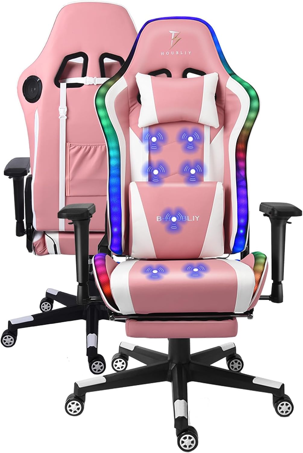 Adult Video Gaming Chair with 7-Point Massage Function and Speakers,Ergonomic Gaming Chair with Footrest and Lumbar Support,PU Leather, 360° Swivel,180° Tilt High Back Office Chair.,Pink