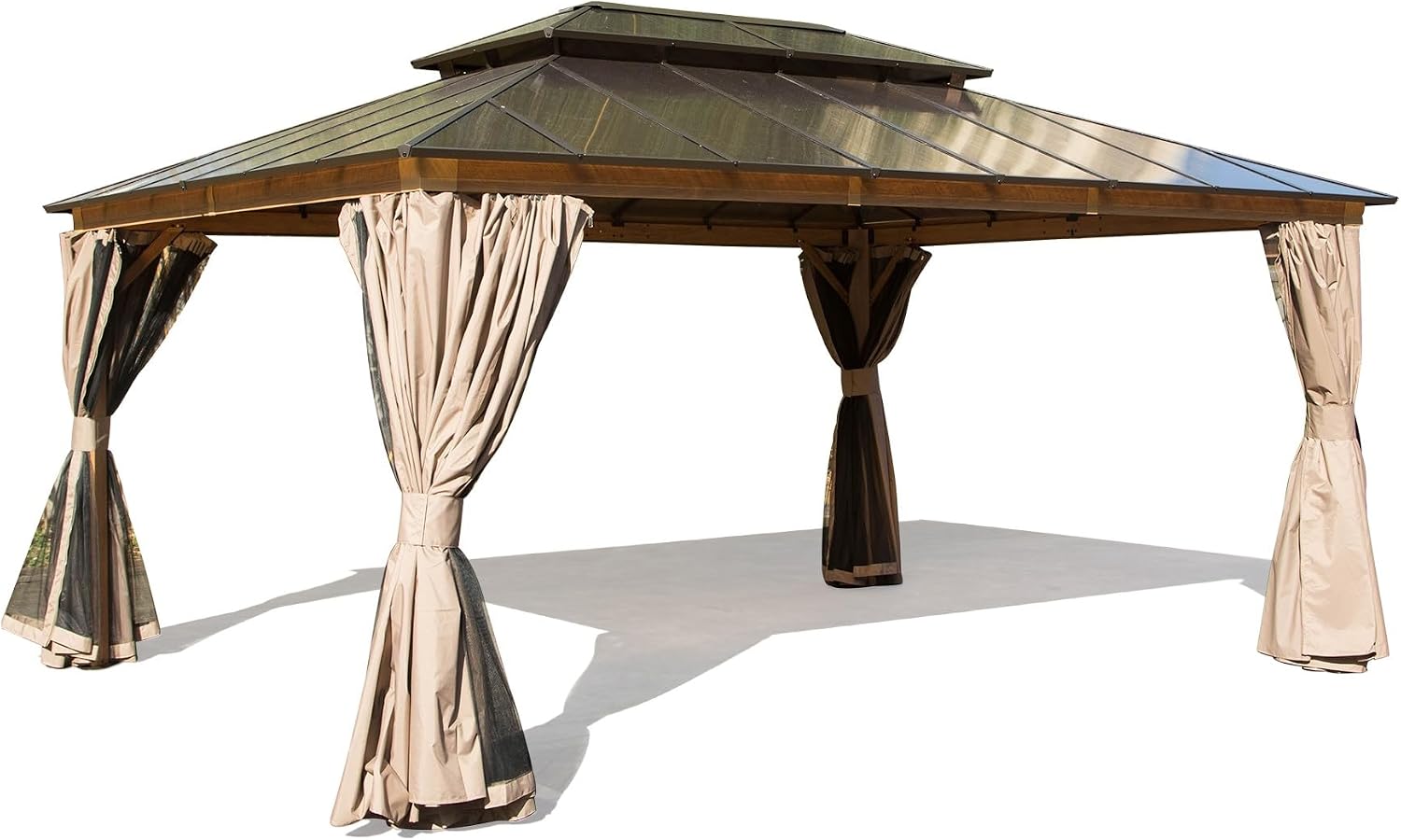 12x16ft Hardtop Gazebo, Permanent Outdoor Gazebo with Polycarbonate Double Roof, Aluminum Gazebo Pavilion with Curtain and Net for Garden, Patio, Lawns, Deck, Backyard (Wood Looking)