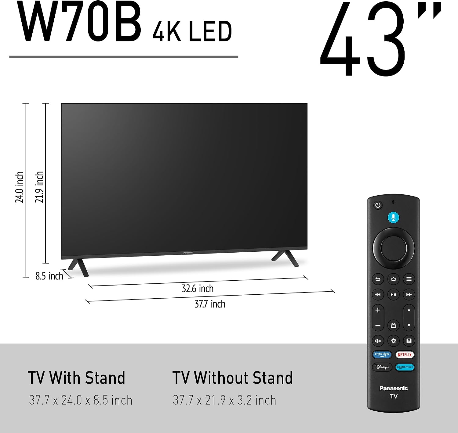 Panasonic W70 Series (2025 Model) 43' LED 4K Ultra HD Smart Fire TV, Press & Ask Alexa, Apple AirPlay, HDR10+, HDMI 2.1, and Bluetooth Support - 43W70BP