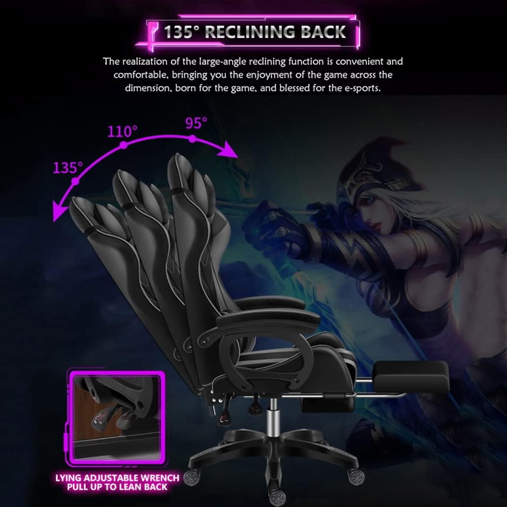 Gaming Chair with LED Light/Pro Gaming Chair with Bluetooth Speakers, Full Massage Lumbar Support and Backrest Adjustable Ergonomic Computer Gaming Chairs with Retractible Footrest,Black