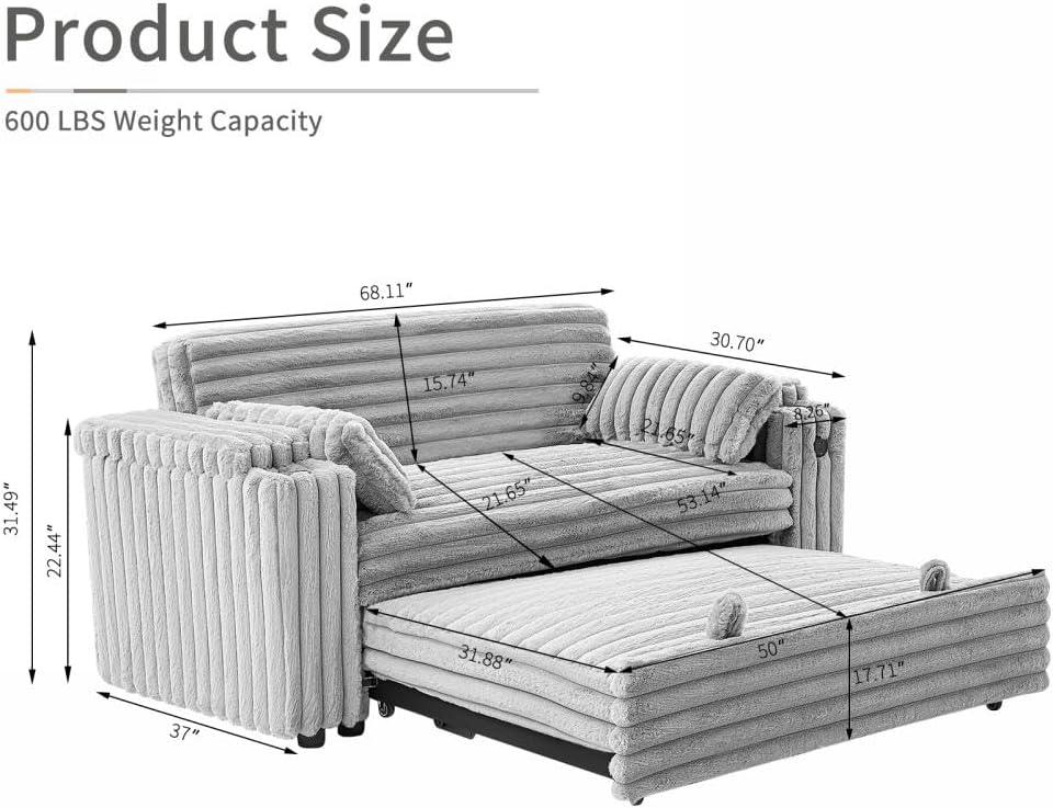 hansones 68.11' Corduroy Sleeper Chair Bed with USB Port, Cup Holders & Side Storage Pockets – 3-in-1 Foldable Sofa Bed for Guest Room, Living Room– Gray
