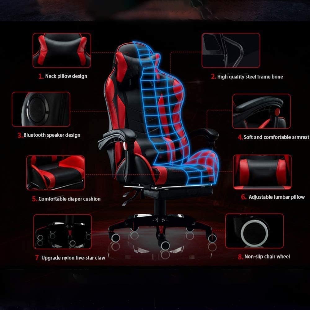 Office Desk Chair Bluetooth Speaker Gaming Chair,High Back Computer Game Chair Adjustable Reclining Office Chair Recliner, Headrest and Massage Lumbar Support (Blue White)