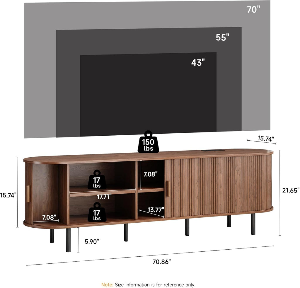 70.8' TV Stand with Power Outlet, Mid-Century Modern Television Stand, Fluted Media Console with Sliding Doors, Entertainment Center for TVs up to 60 Inch, Adjustable Shelves, Walnut