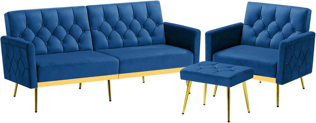 2 Pieces Velvet Sofa Set w/Adjustable Armrests and Backrests, Tufted Accent Chair w/Ottoman, Convertible Futon Sofa Bed for Bedroom, Living Room, Apartment, Blue